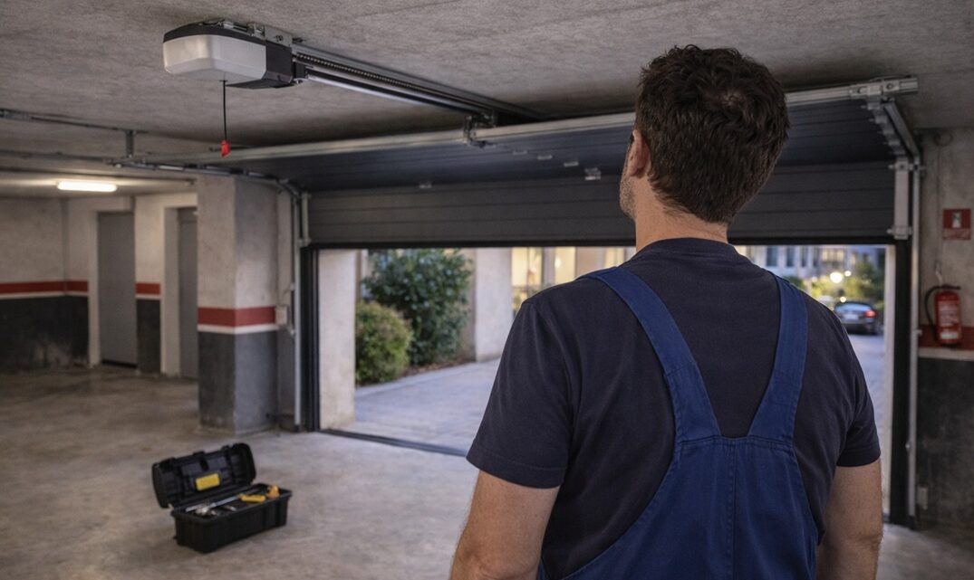 Puerta automática de garaje instalada en comunidad residencial