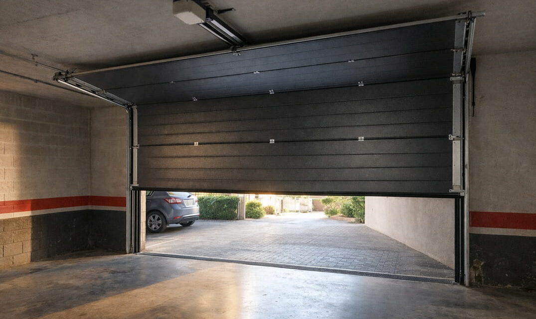Puerta automática de garaje en funcionamiento en garaje residencial
