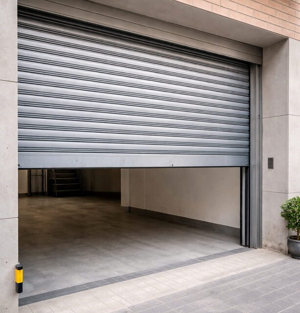 Puerta enrollable metálica en garaje de edificio en Valencia