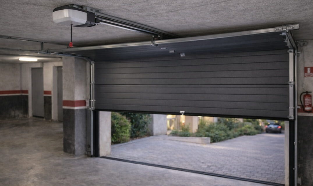 Puerta de garaje seccional gris en vivienda residencial de Valencia