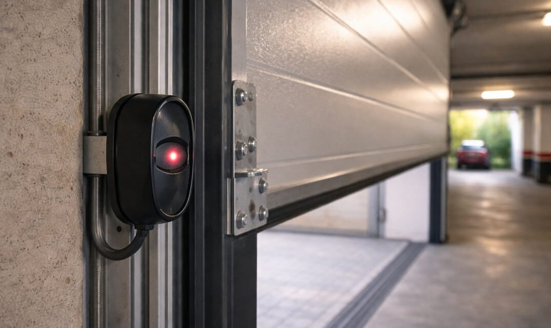 Sensor fotocélula de seguridad en puerta automática de garaje