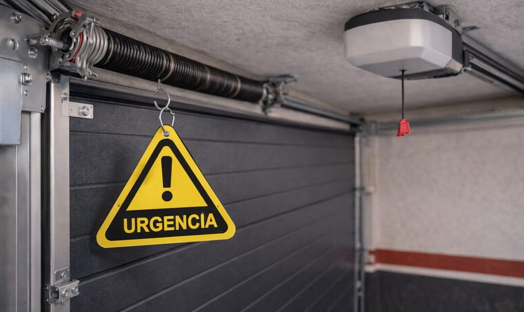 Puerta de garaje parcialmente abierta en acceso comunitario